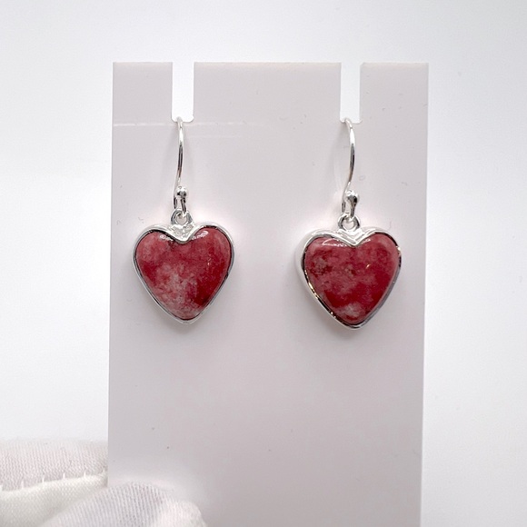 Thulite .925 Sterling Silver Heart Earrings - Picture 3 of 15